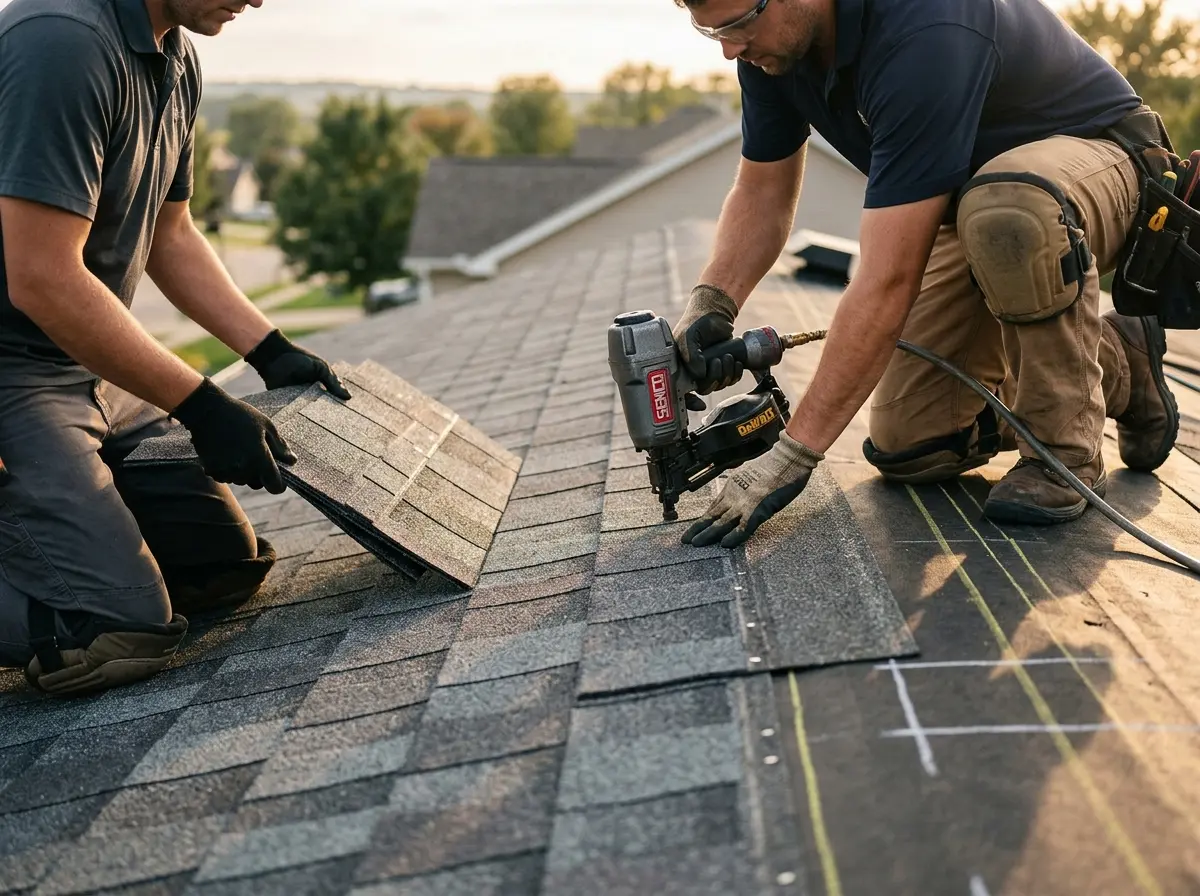 Professional roofer working on a residential roof in Bel Aire